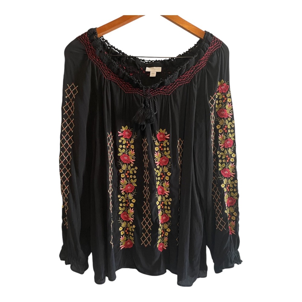 J.Jill Mandala Blouse Women's Size Tall Large Black Floral Embroidered